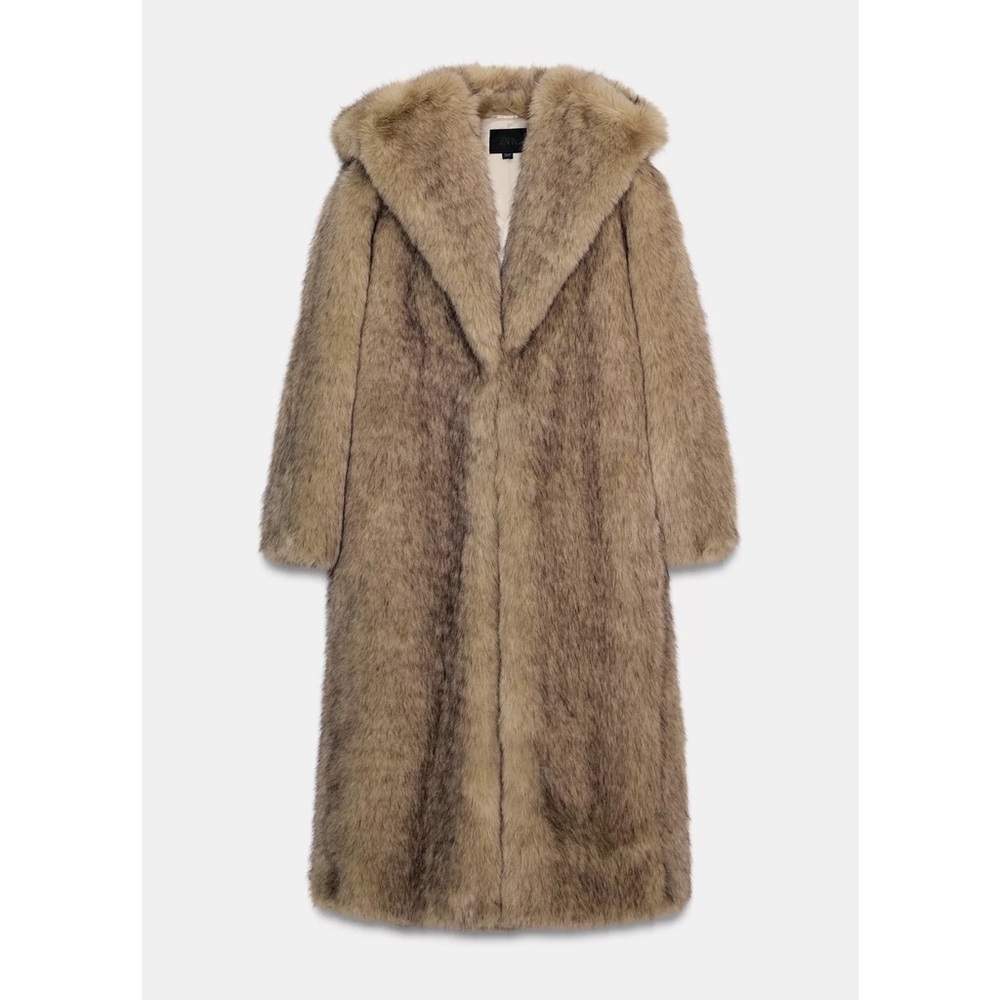 Zara Long Faux Fur Coat in Light Brown